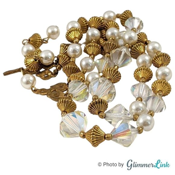VTG Double Strand AB Aurora Borealis Bicone Bead Faux Pearl Gold Tone Necklace - Picture 6 of 10
